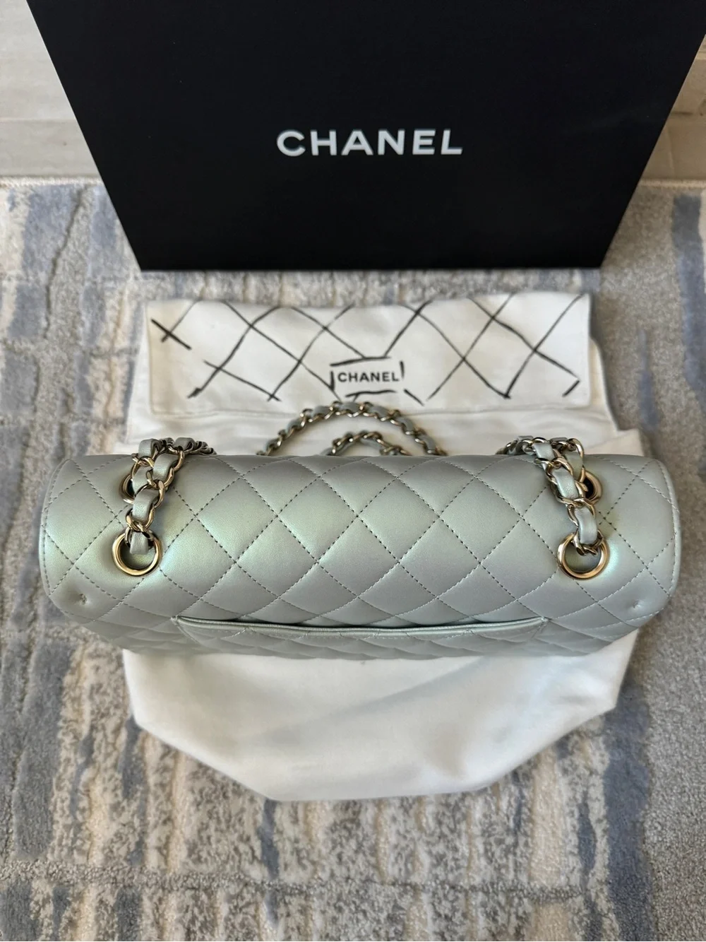 Chanel Iridescent Blue Medium Classic Flap Bag Quilted Lambskin Gold Hardware